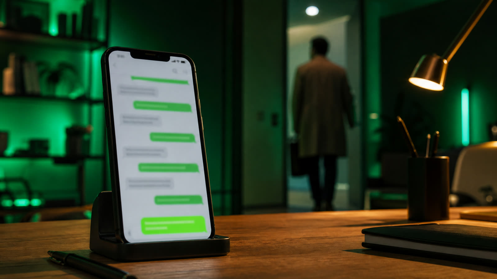 An owner pulling on a coat and leaving for the day while the phone on the desk behind him stays lit and working.